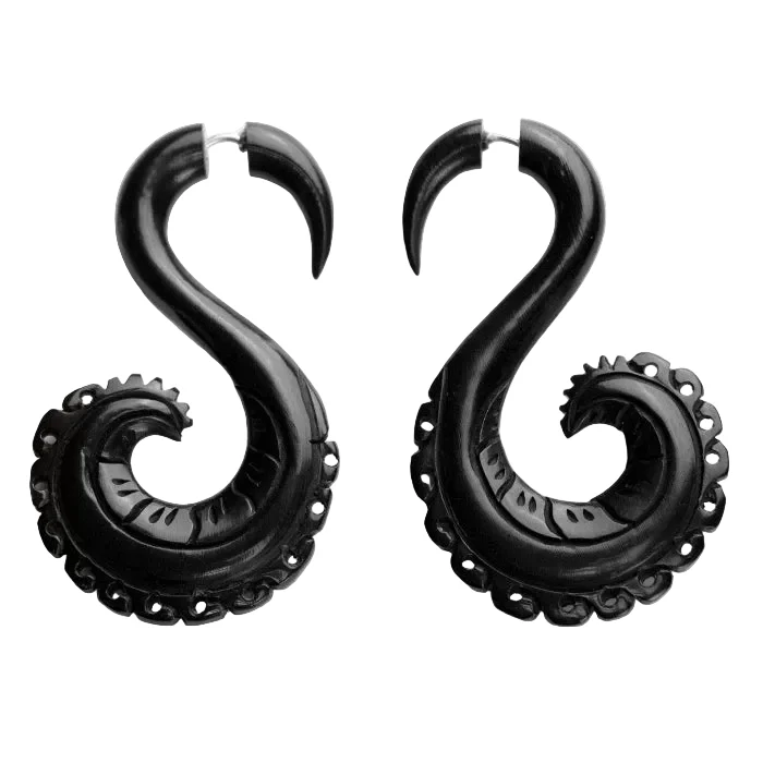 Darma Curl Fake Gauges Spiral Horn Earrings - Image 2