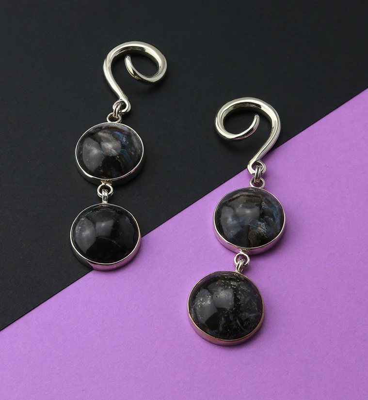 Double Blue Pyrite Jasper Stone Hanging Ear Weights - Image 3