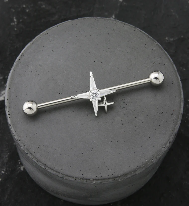 Double Compass Star Clear CZ Industrial Barbell - Image 3