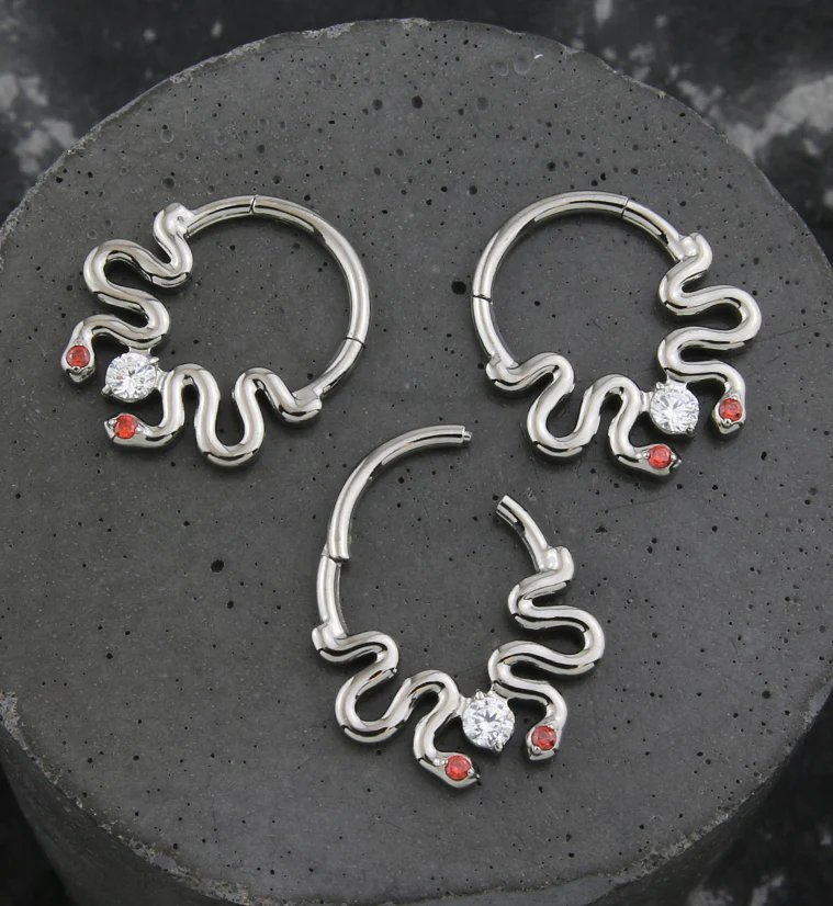 Double Curvy Snake Red CZ Eyes Hinged Segment Ring - Image 2