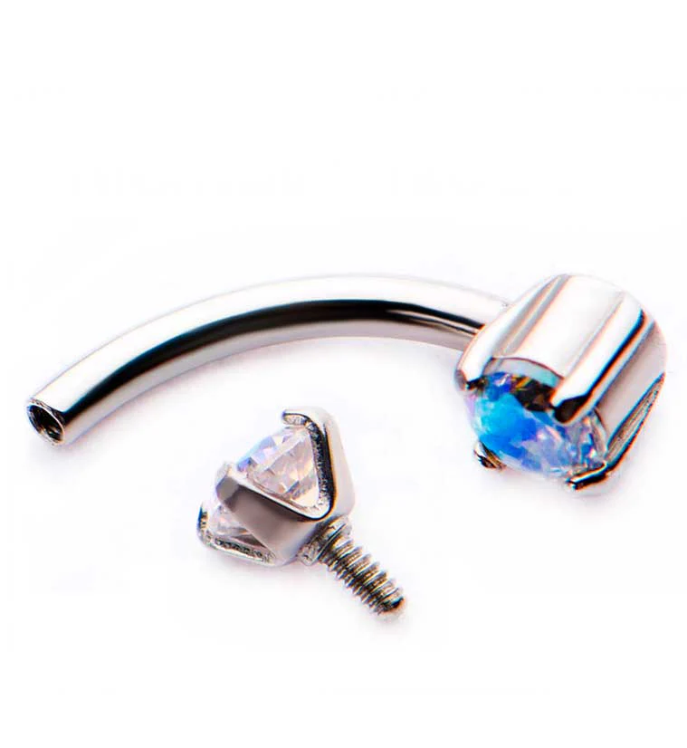 Double Opal Prong Set Stainless Steel Curved Barbell - Image 2