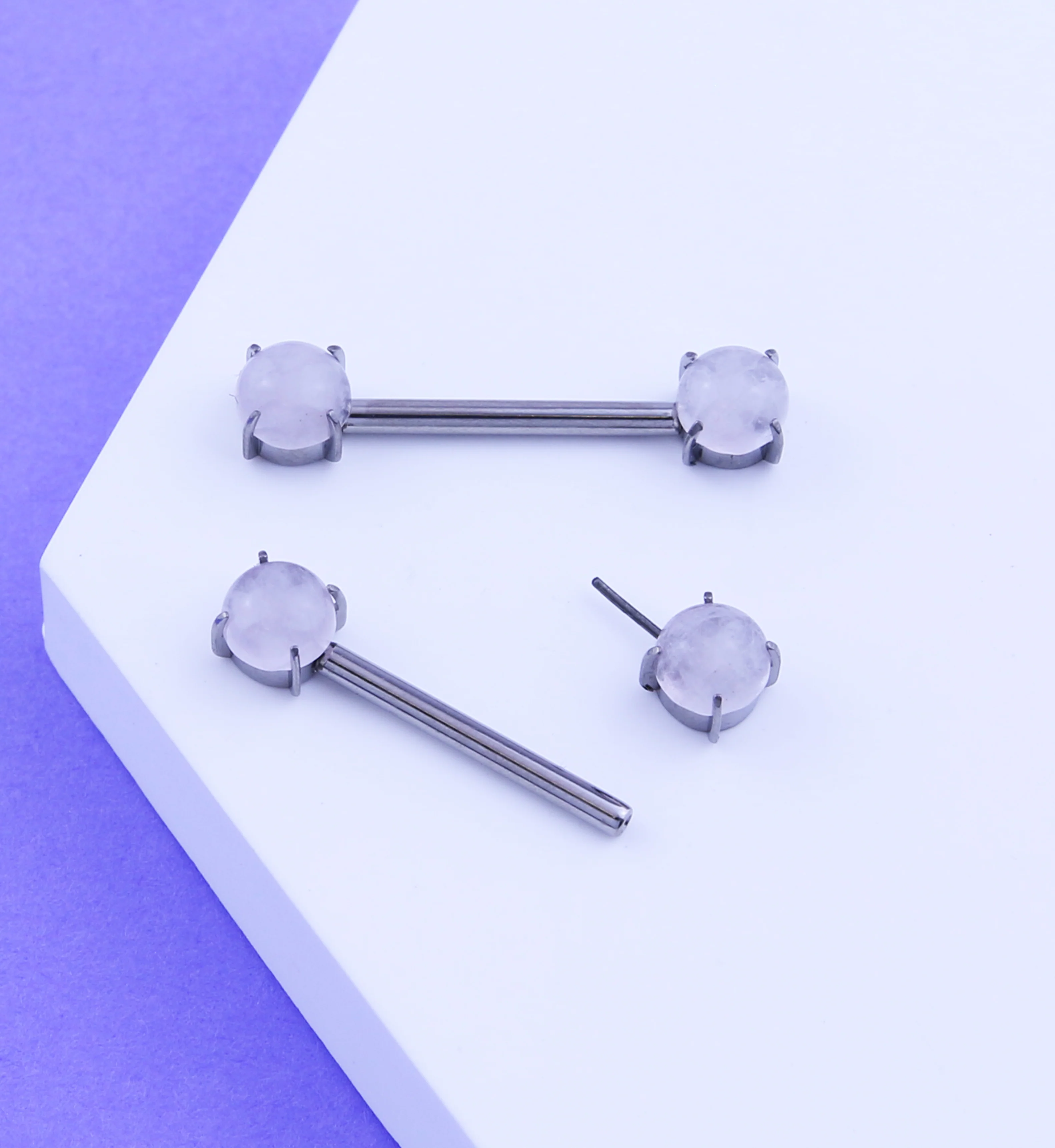 Double Rose Quartz Stone Threadless Titanium Nipple Barbells - Image 2