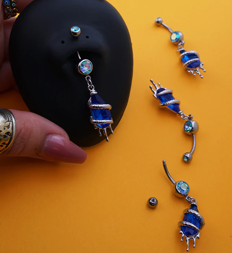Dripping Snake Wrapped Blue Rainbow Aurora CZ Stainless Steel Belly Button Ring - Image 2