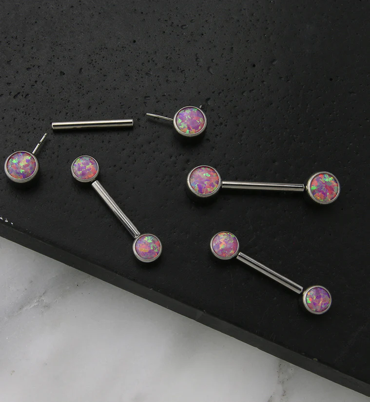 Dual Bezel Pink Opalite Titanium Threadless Nipple Ring Barbell - Image 2
