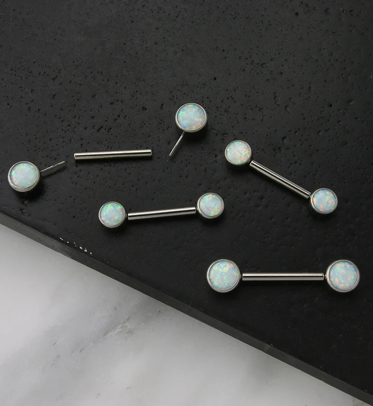 Dual Bezel White Opalite Titanium Threadless Nipple Ring Barbell - Image 2