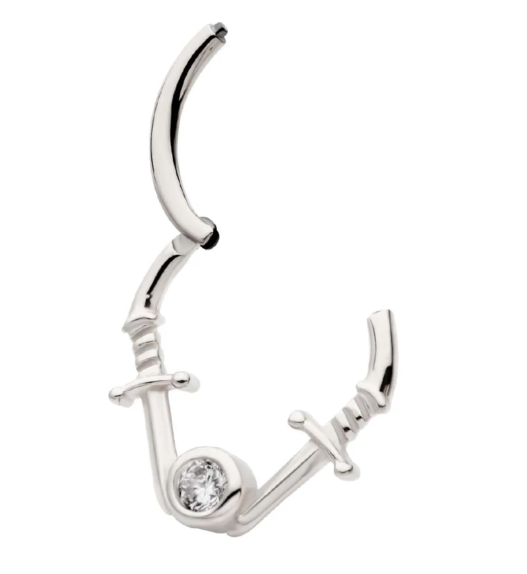 Dual Dagger Clear CZ Stainless Steel Hinged Segment Ring - Image 3
