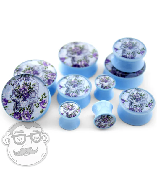 Floral Skull Light Blue Plugs - Image 2