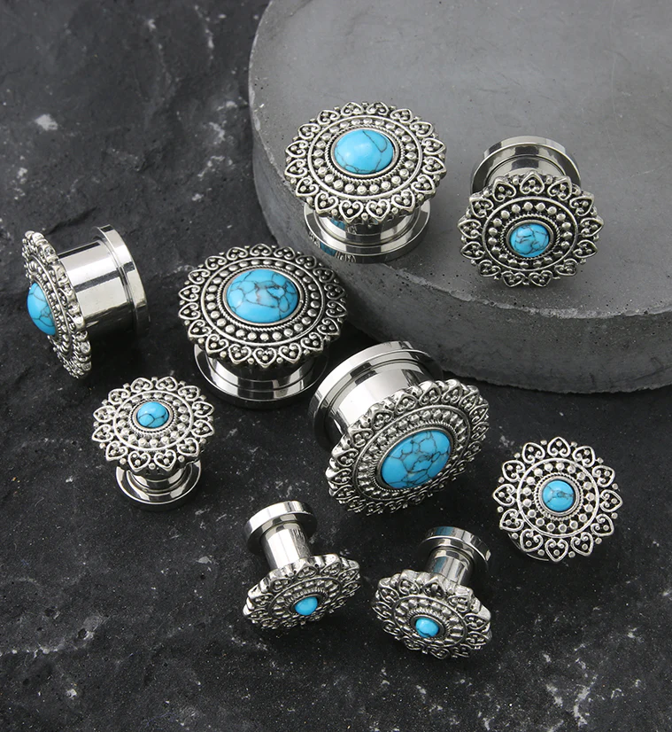 Florid Howlite Turquoise Stainless Steel Plugs - Image 3