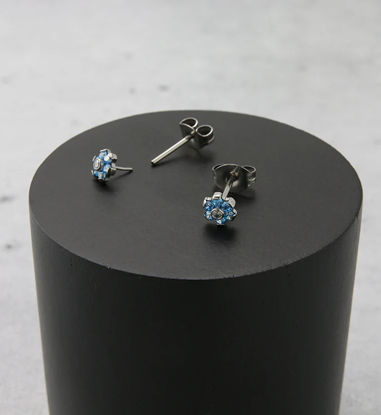 Flower Aqua CZ Titanium Threadless Earrings - Image 2