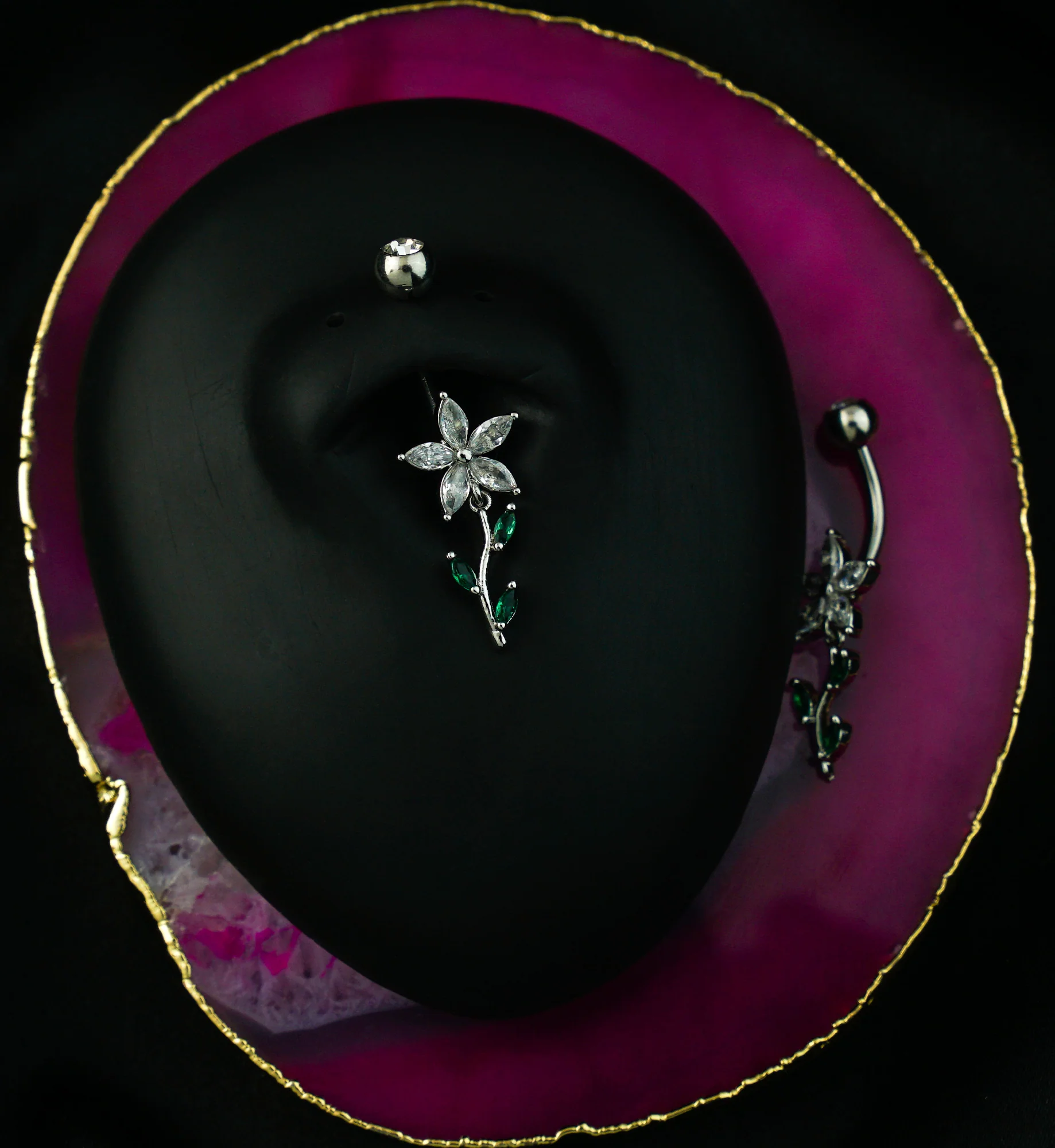 Flower Clear And Emerald CZ Dangle Stainless Steel Belly Button Ring - Image 2