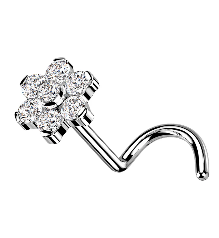 Flower CZ Titanium Threadless Nose Screw Ring