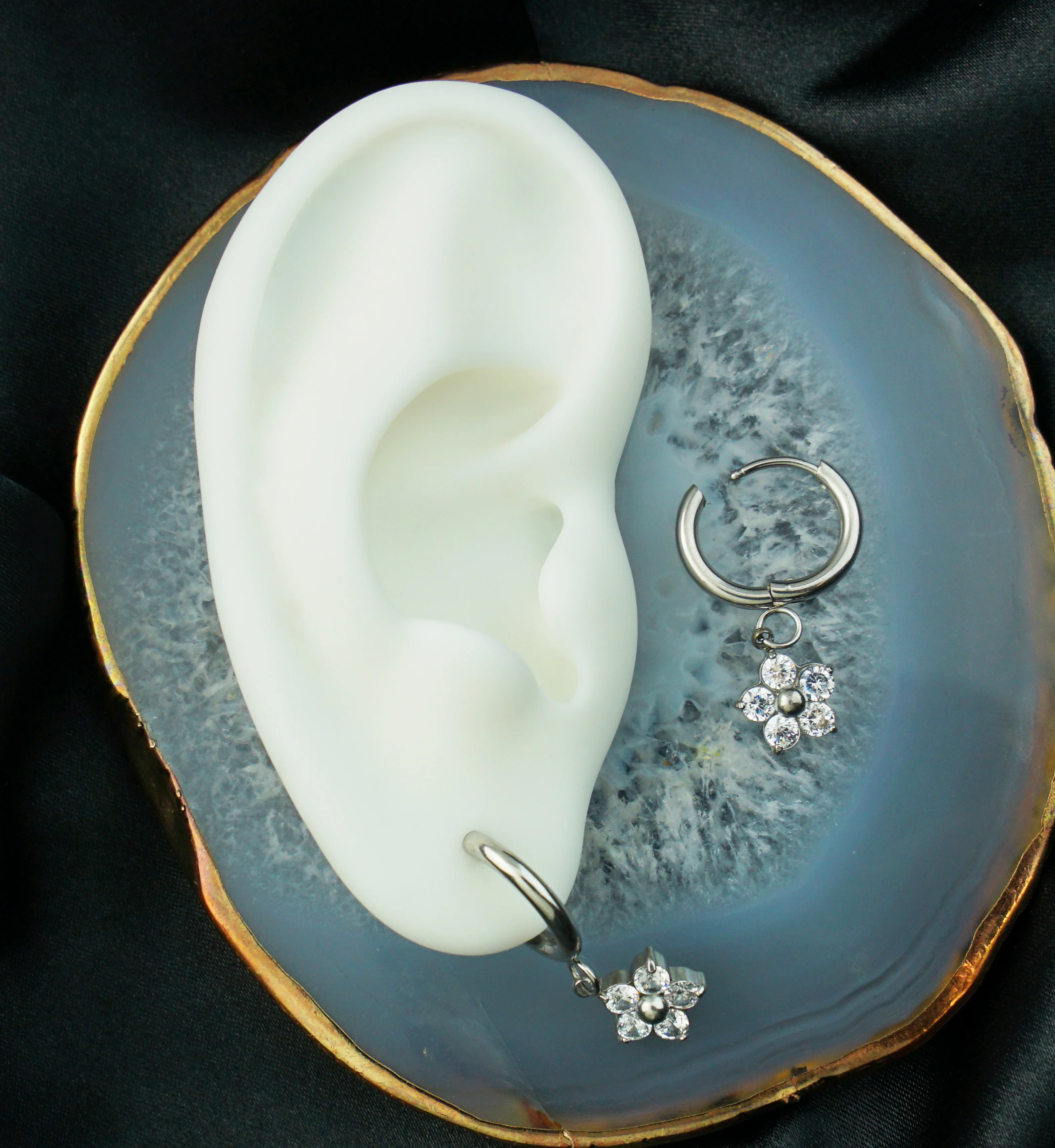 Flower Dangle Clear CZ Stainless Steel Hoop Earrings - Image 2