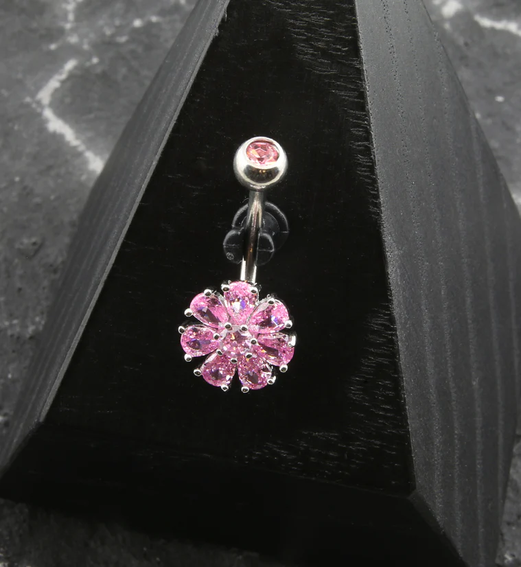 Flower Teardrop Pink CZ Stainless Steel Belly Button Ring - Image 2