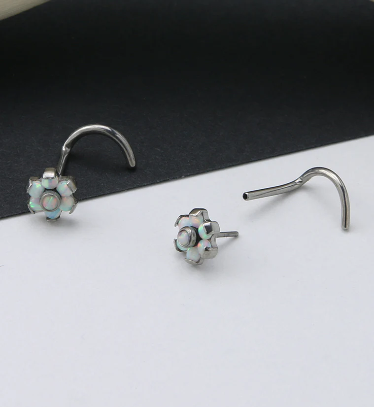 Flower White Opalite Titanium Threadless Nose Screw Ring - Image 2