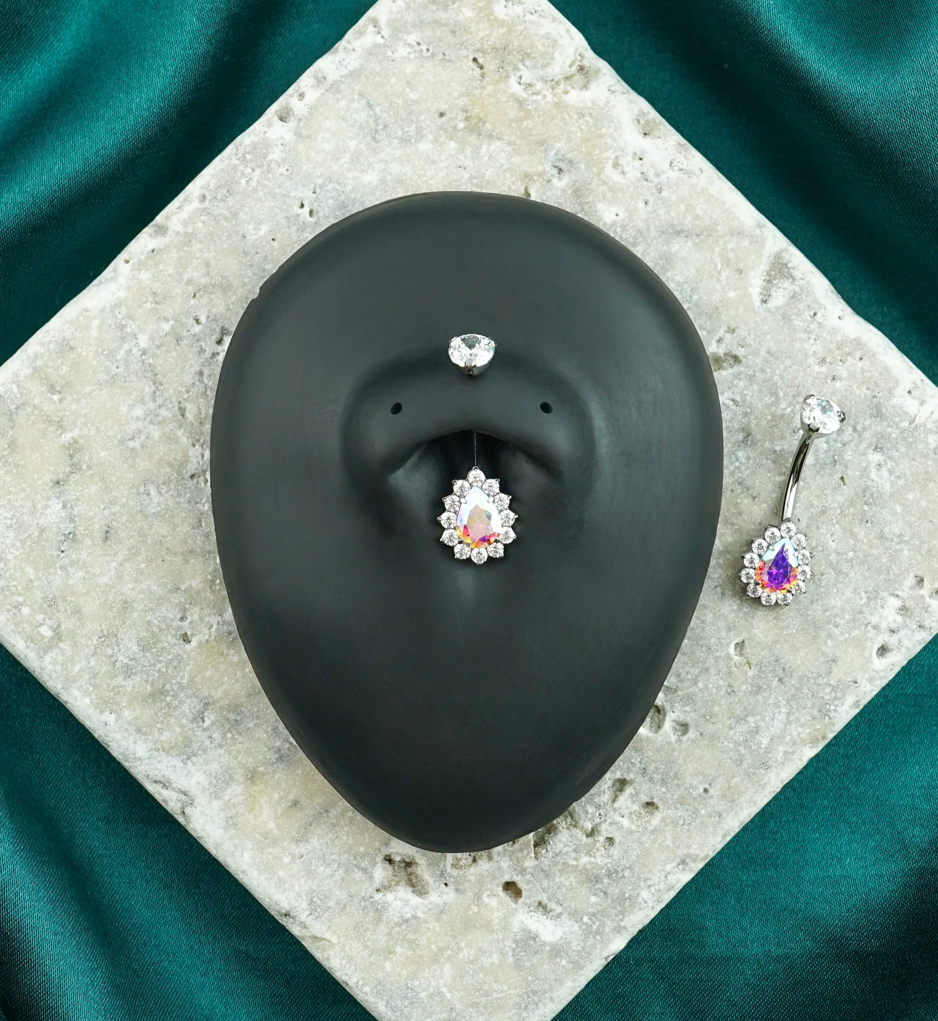 Gild Teardrop Rainbow Aurora CZ Titanium Internally Threaded Belly Button Ring - Image 2