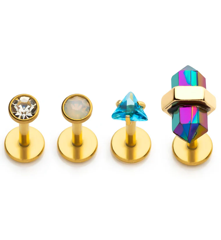 Gold PVD Aqua Triangle CZ and Rainbow Aurora Opalite Stainless Steel Internally Threaded Labret (Pack of 4)