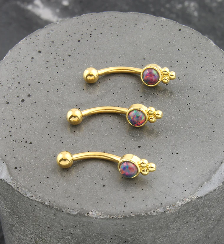 Gold PVD Beaded Black Opalite Stainless Steel Curved Barbell - Image 2