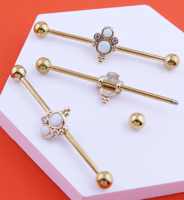 Gold PVD Beaded Double White Opalite Stainless Steel Industrial Barbell - Image 2