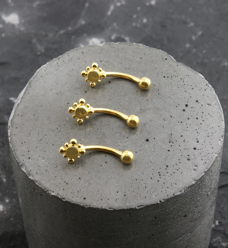 Gold PVD Beaded Sol Stainless Steel Curved Barbell - Image 2