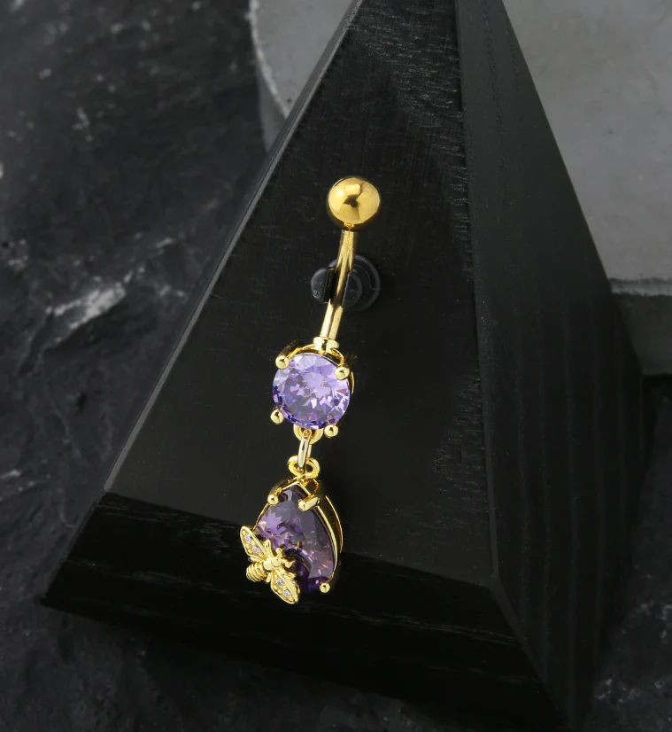 Gold PVD Bee Teardrop Purple CZ Stainless Steel Belly Button Ring - Image 2