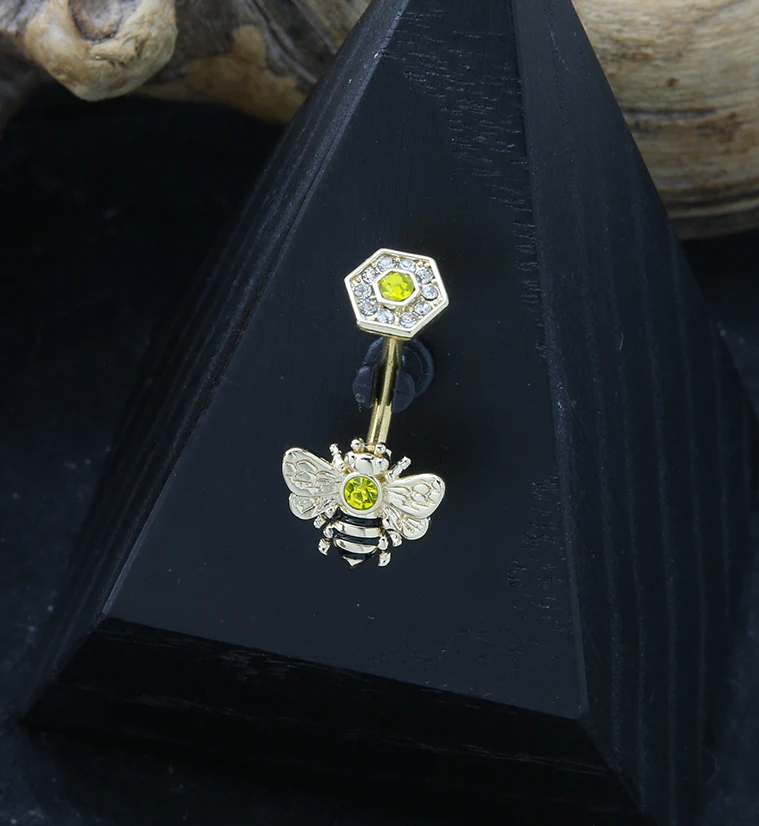 Gold PVD Bee Topaz CZ Belly Button Ring - Image 2