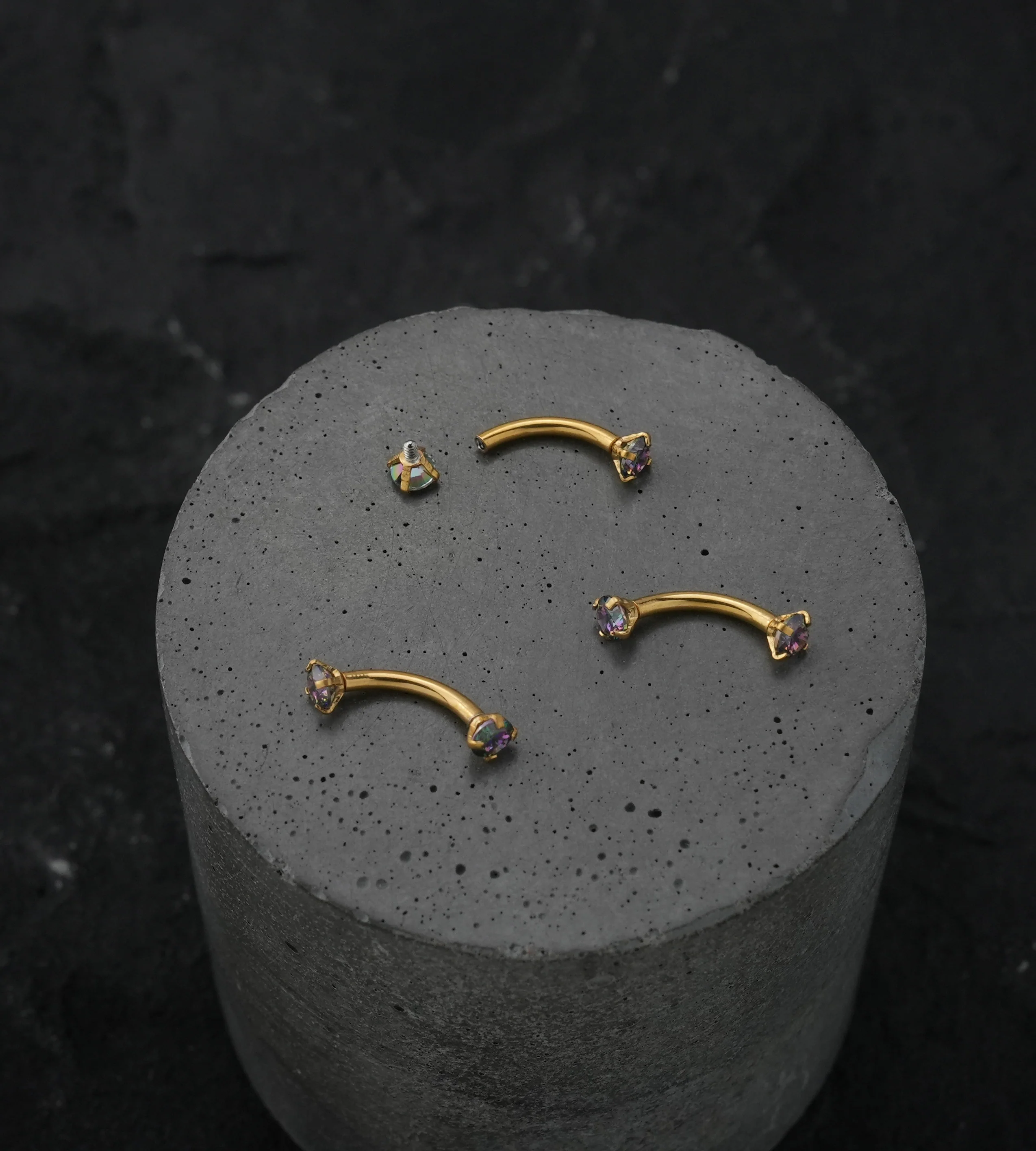 Gold PVD Black Aurora CZ Prong Set Stainless Steel Curved Barbell - Image 3