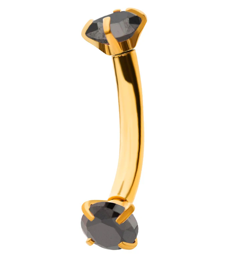 Gold PVD Black CZ Prong Set Stainless Steel Curved Barbell