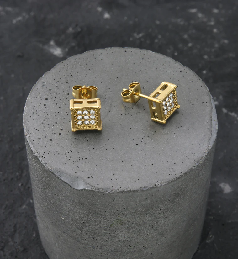 Gold PVD Block Clear CZ Stainless Steel Stud Earrings - Image 2
