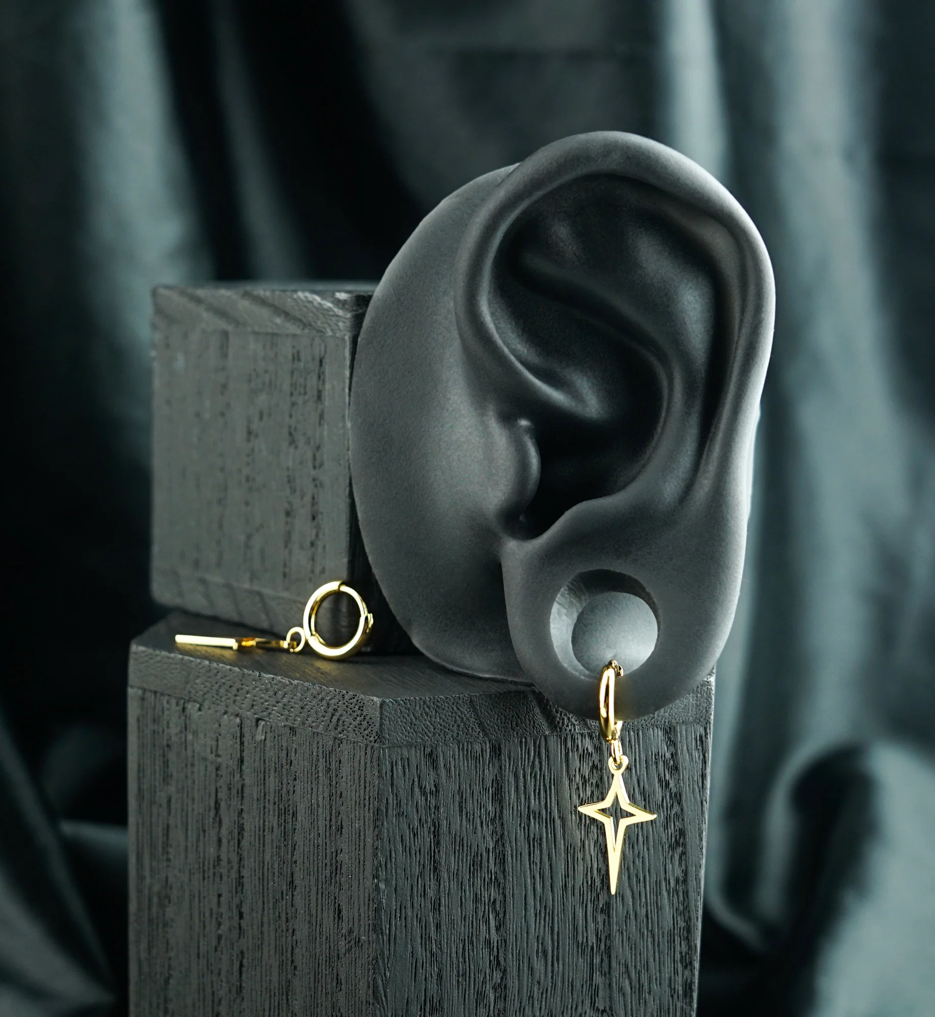 Gold PVD Bold Four Point Star Stainless Steel Hinged Earrings - Image 2