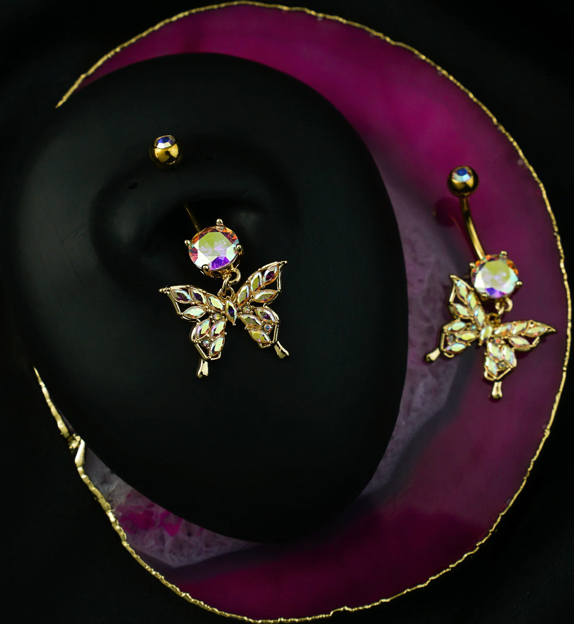 Gold PVD Butterfly Marquise Rainbow Aurora CZ Filled Dangle Stainless Steel Belly Button Ring - Image 2