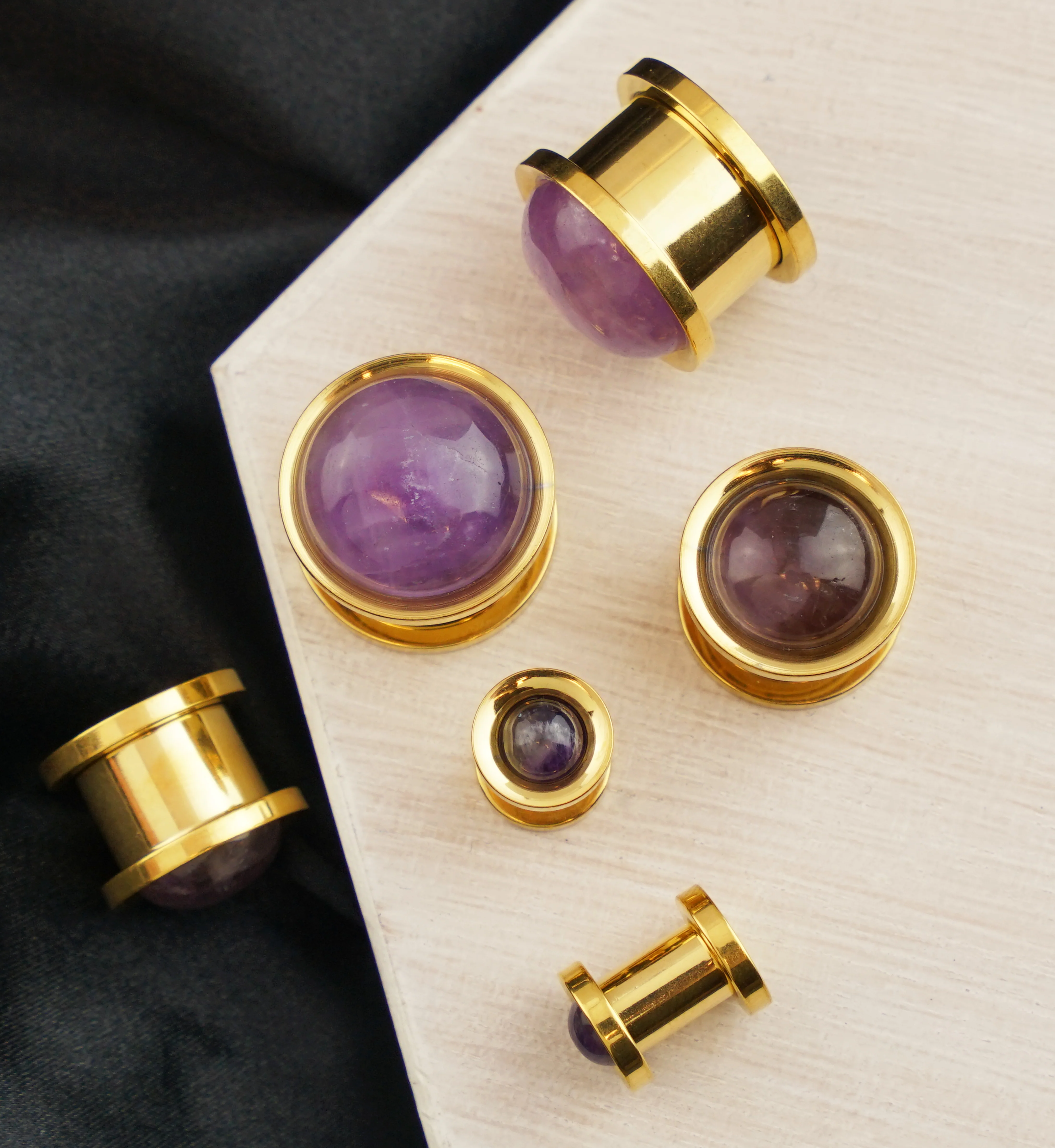 Gold PVD Cabochon Amethyst Stainless Steel Screw Back Tunnel Plugs - Image 2