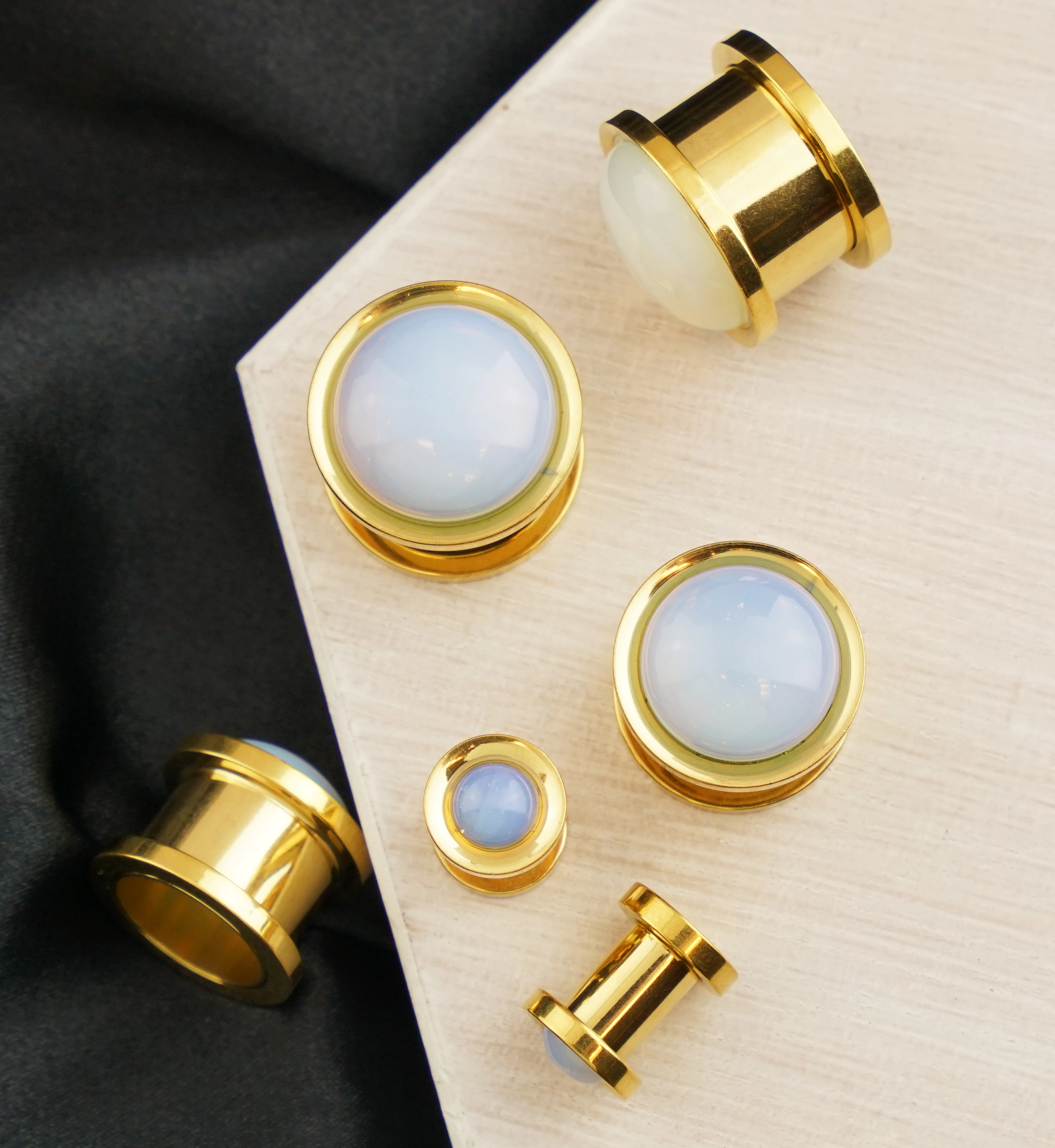 Gold PVD Cabochon White Opalite Stainless Steel Screw Back Tunnel Plugs - Image 2