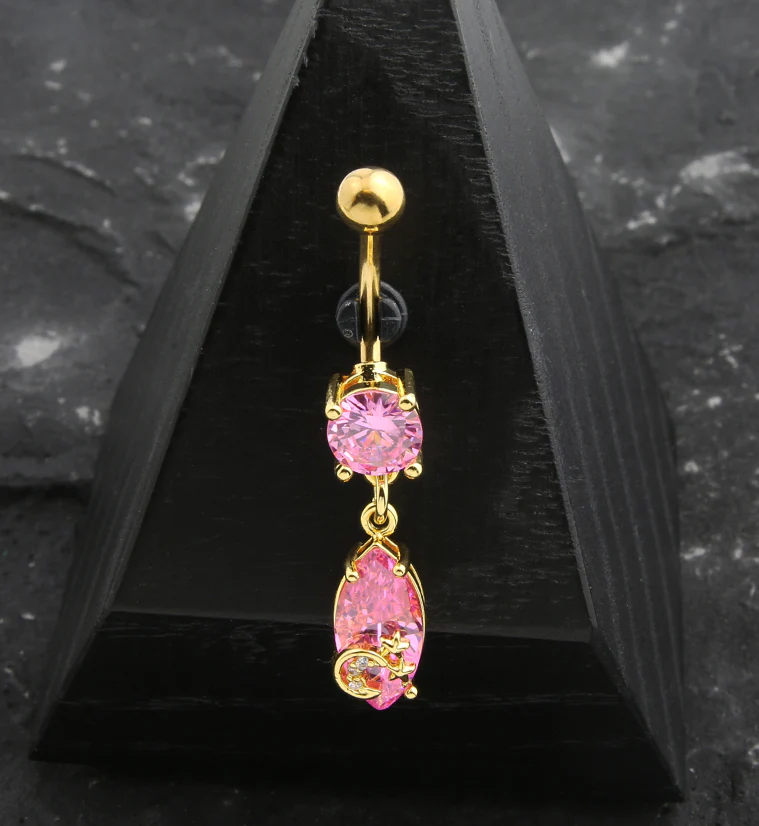 Gold PVD Celestial Pink CZ Stainless Steel Belly Button Ring - Image 2