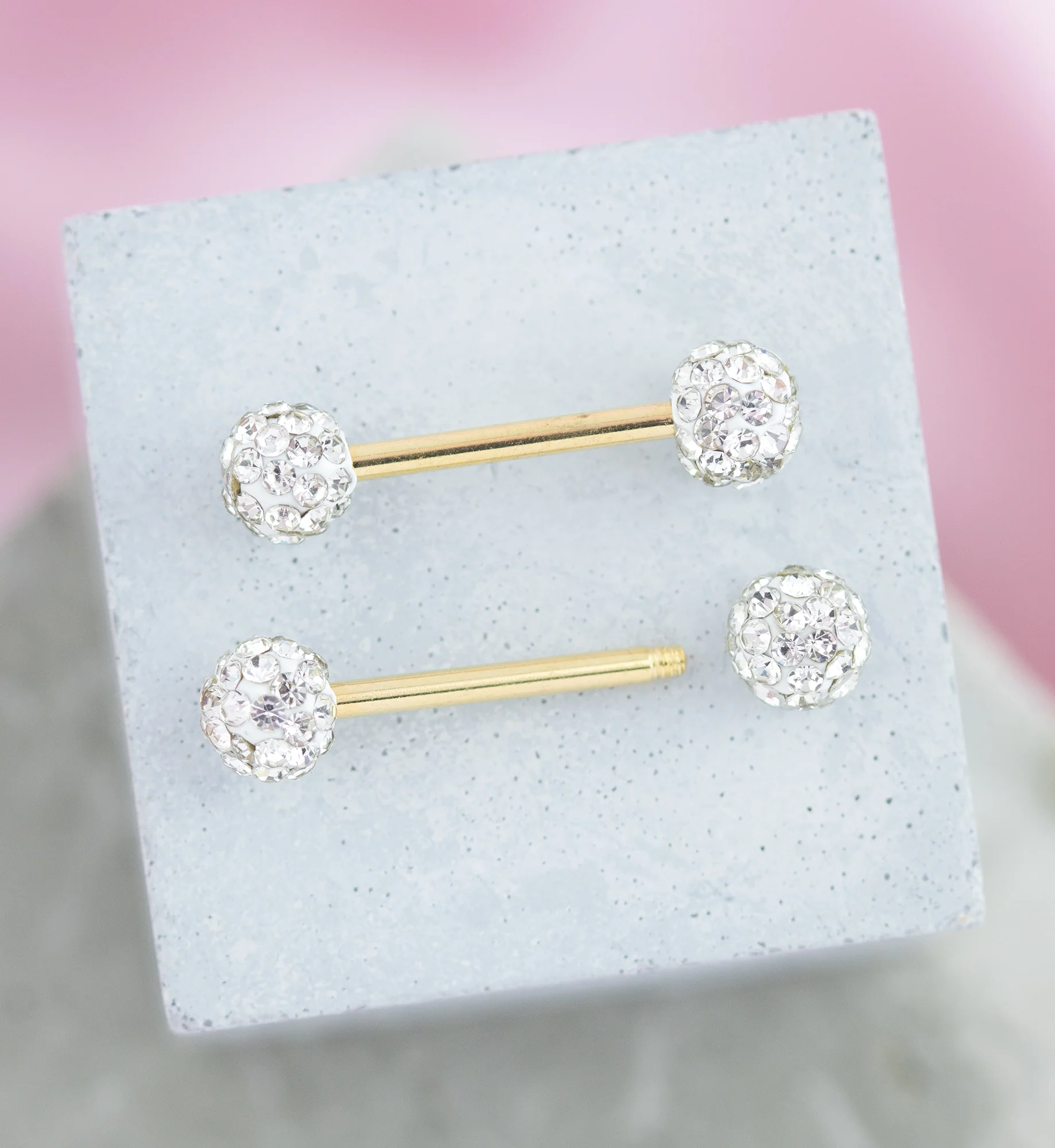 Gold PVD Clear Crystal Ball CZ Stainless Steel Externally Threaded Nipple Barbell - Image 3