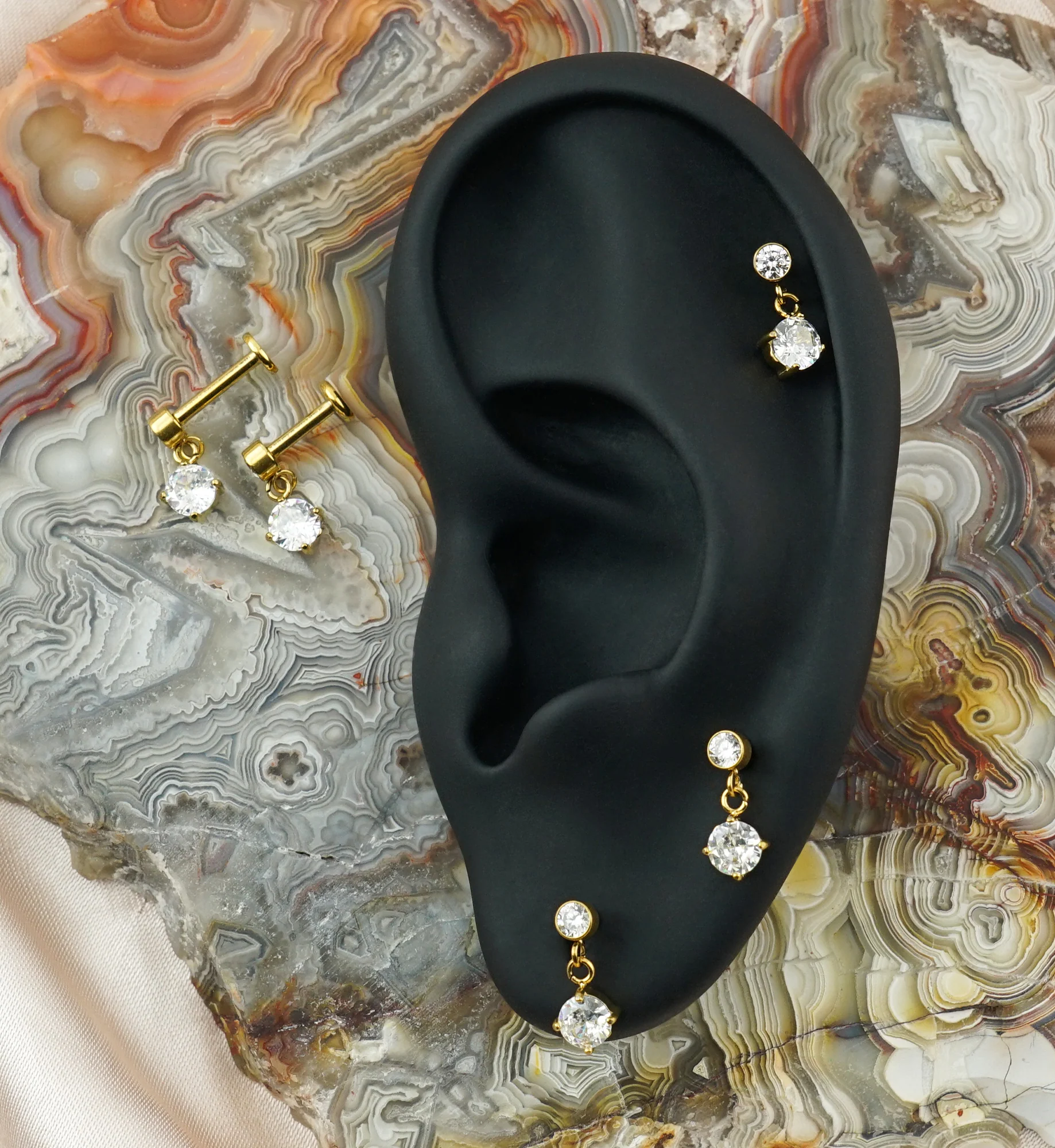 Gold PVD Clear CZ Dangle Internally Threaded Stainless Steel Labret - Image 2