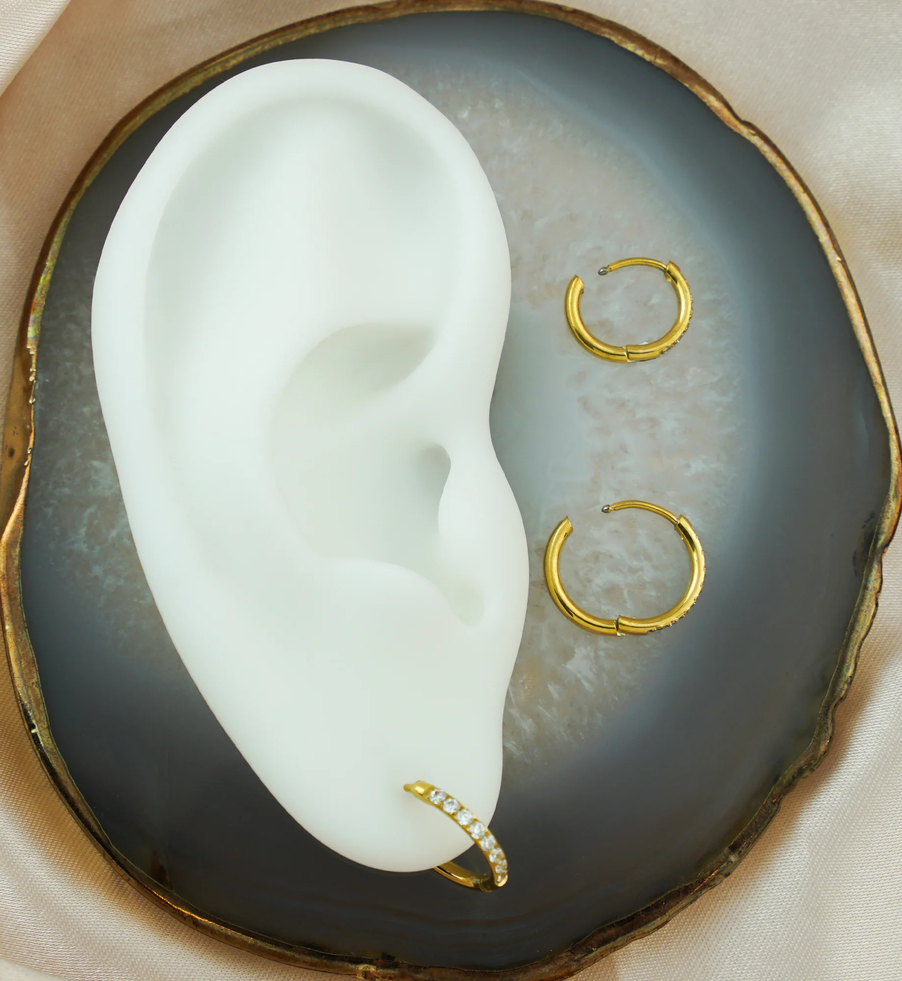 Gold PVD Clear CZ Hoop Stainless Steel Hinged Earrings - Image 2