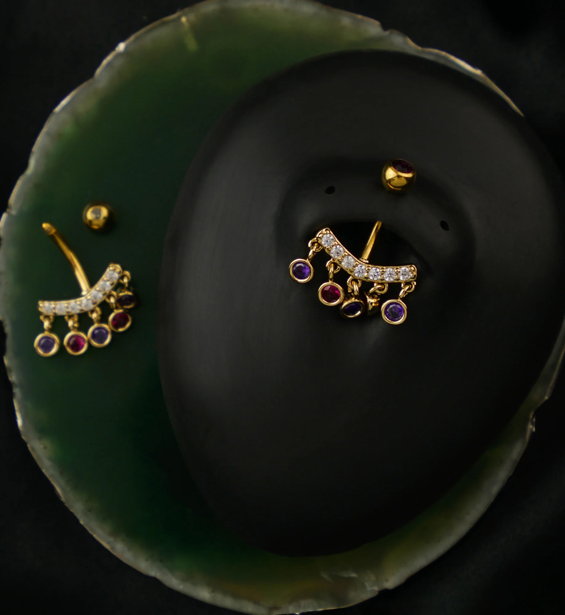Gold PVD Curve Quinate Fuchsia And Amethyst CZ Dangle Stainless Steel Belly Button Ring - Image 2