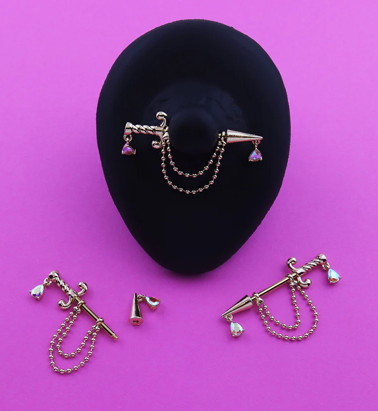 Gold PVD Rainbow Aurora CZ Dagger Dangle Chain Teardrop Stainless Steel Nipple Barbell - Image 2