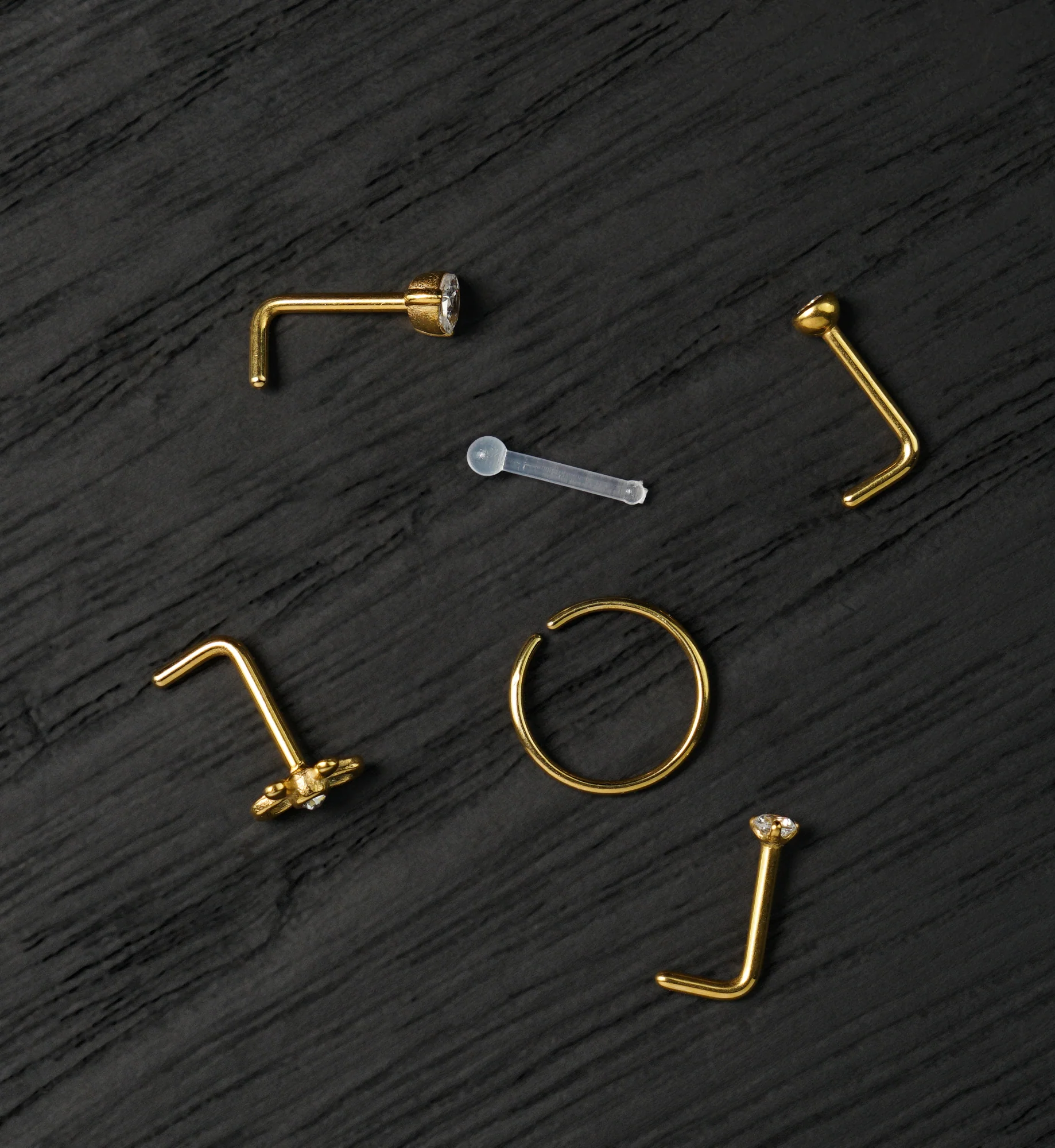 Gold PVD Demure Clear CZ Stainless Steel L Bend/Stud/Hoop Variety Nose Ring Pack (6 pc)