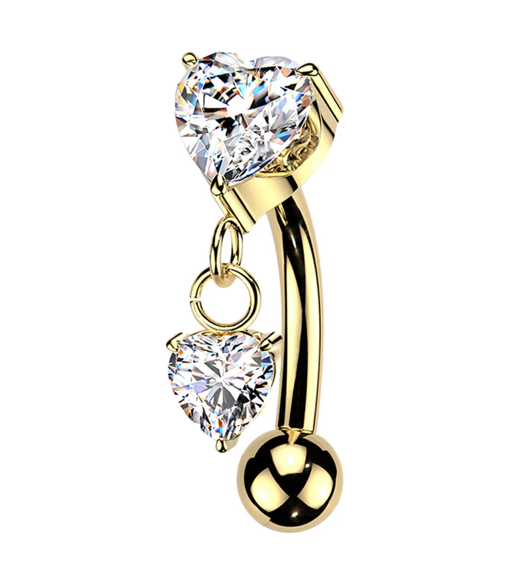Gold PVD Double Heart CZ Dangle Titanium Threadless Curved Barbell