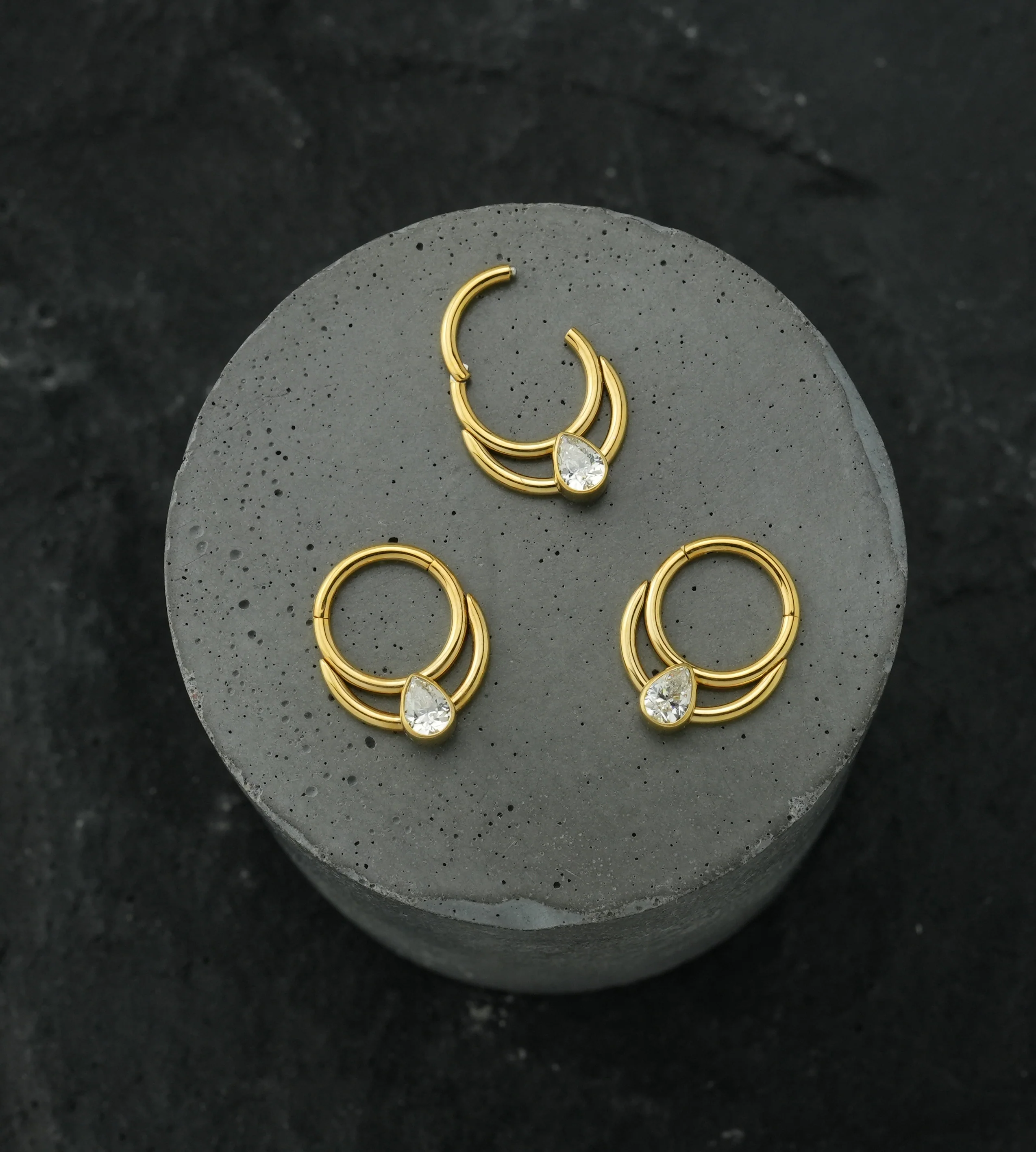 Gold PVD Double Hoop Teardrop Clear CZ Stainless Steel Hinged Segment Ring - Image 2