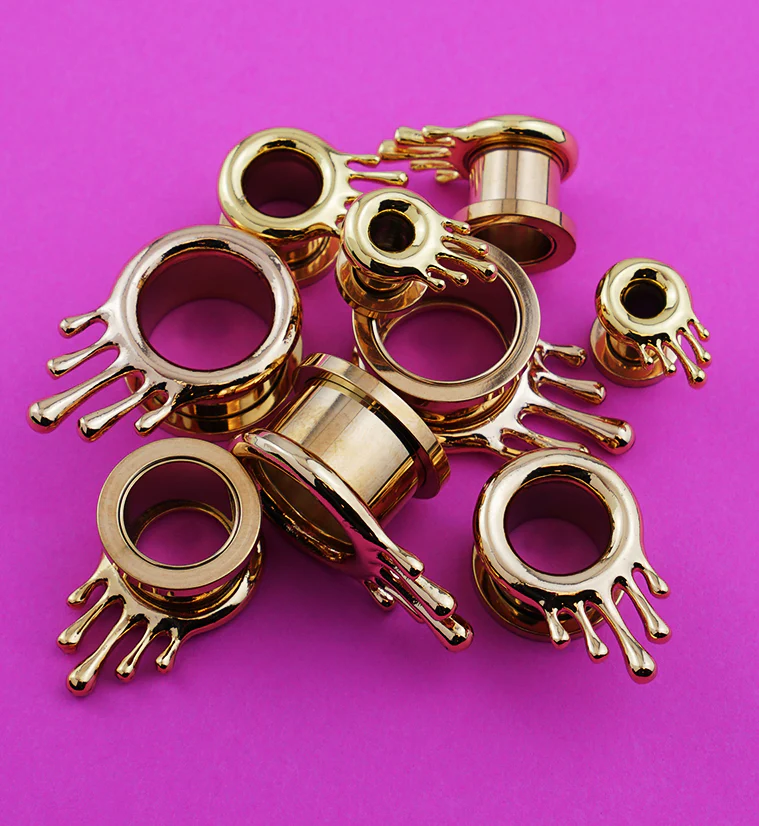 Gold PVD Dripping Stainless Steel Screw Back Tunnel Plugs - Image 3