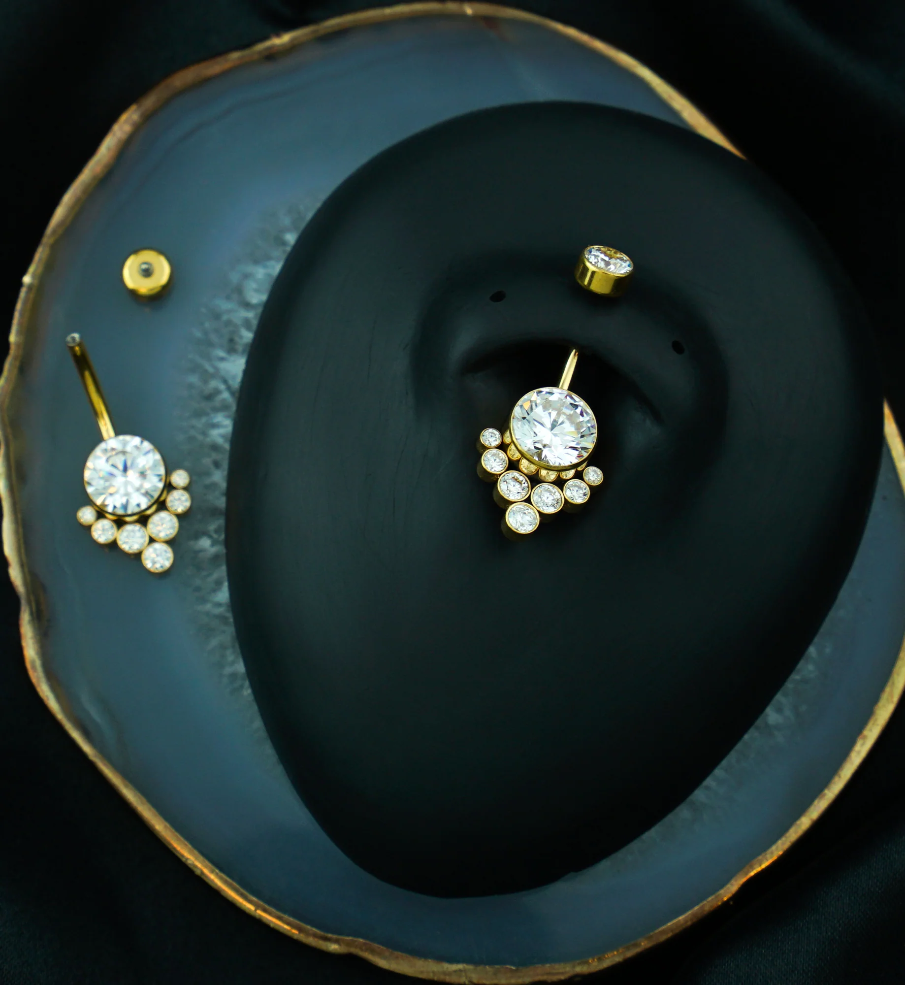 Gold PVD Drop Cluster Clear CZ Titanium Internally Threaded Belly Button Ring - Image 2