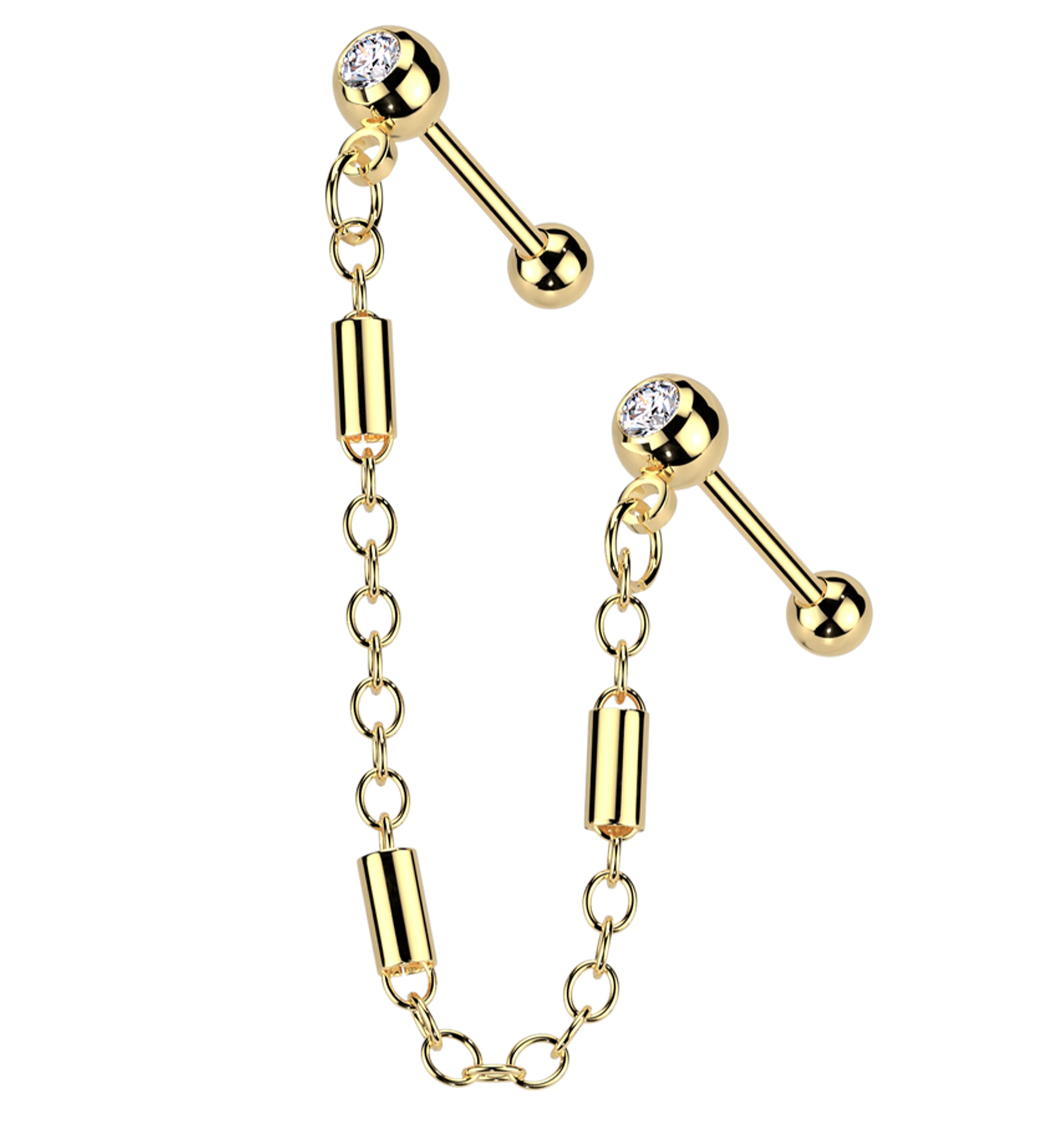 Gold PVD Dual Barbell Clear CZ Stainless Steel Link Piercing Chain