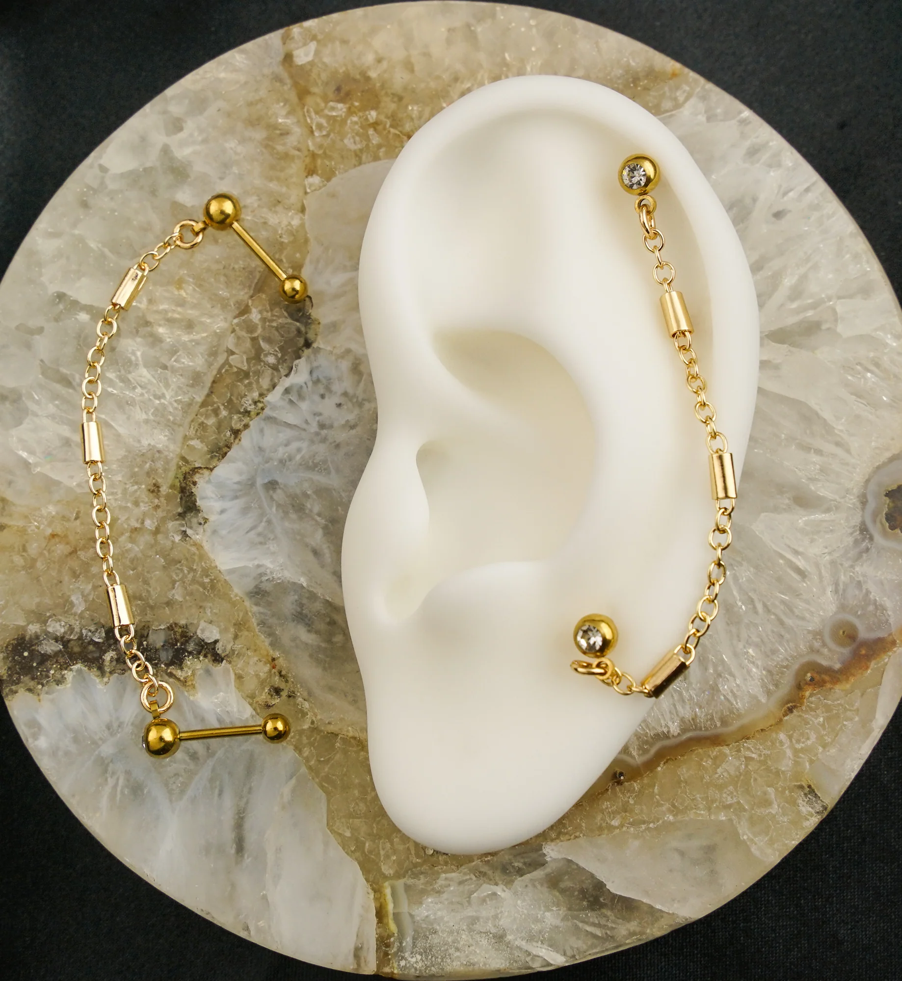 Gold PVD Dual Barbell Clear CZ Stainless Steel Link Piercing Chain - Image 2