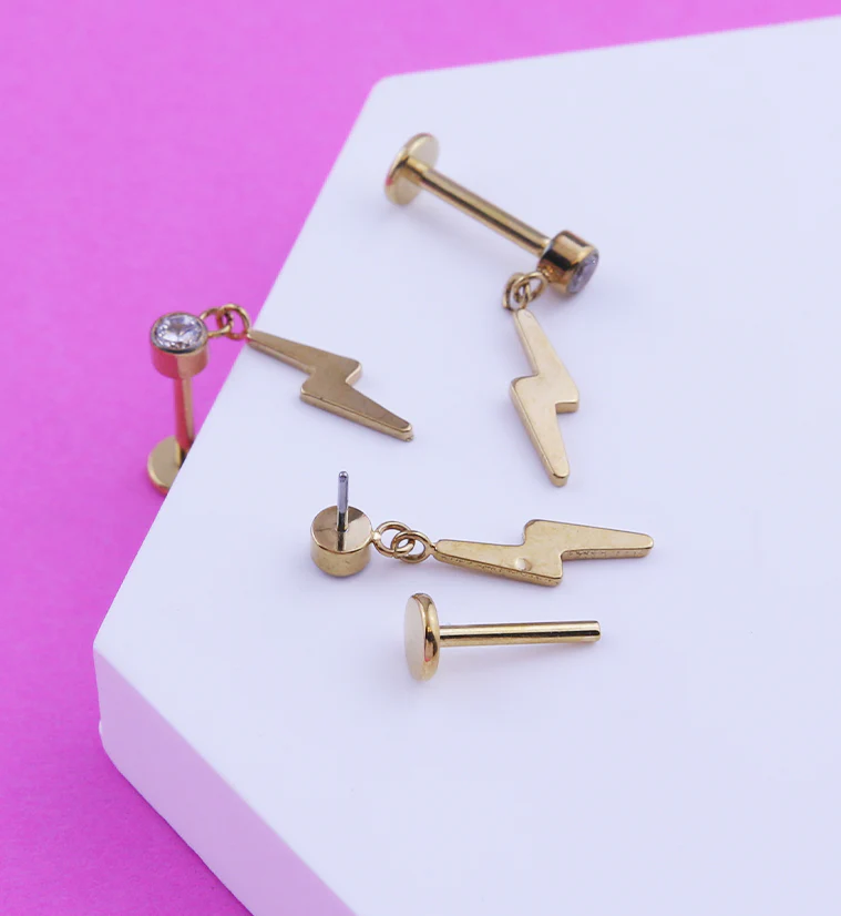 Gold PVD Electric Bolt Dangle Clear CZ Titanium Threadless Labret - Image 2