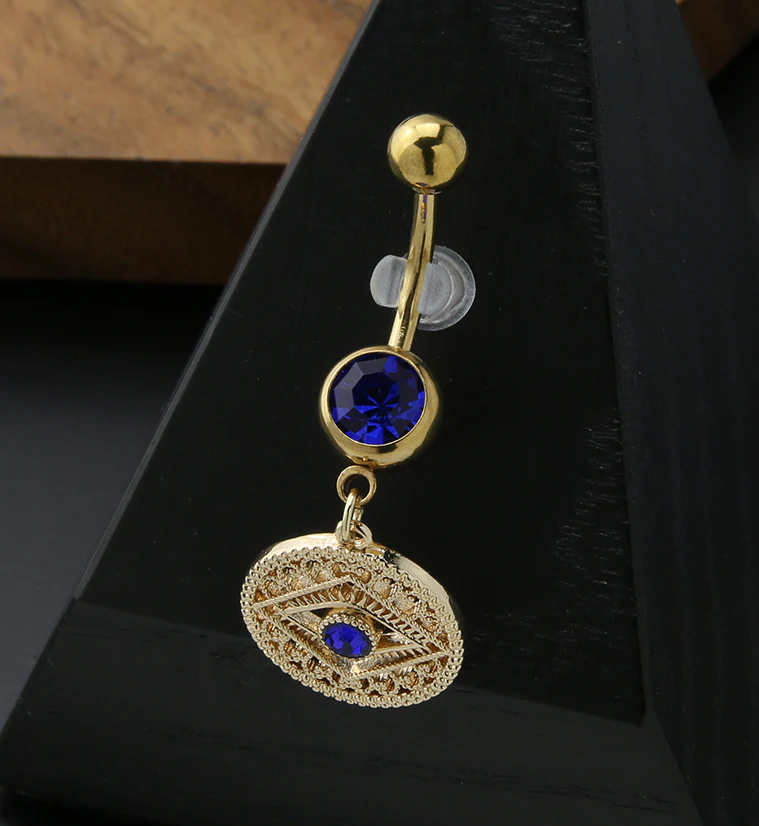 Gold PVD Evil Eye Blue CZ Stainless Steel Belly Button Ring - Image 2