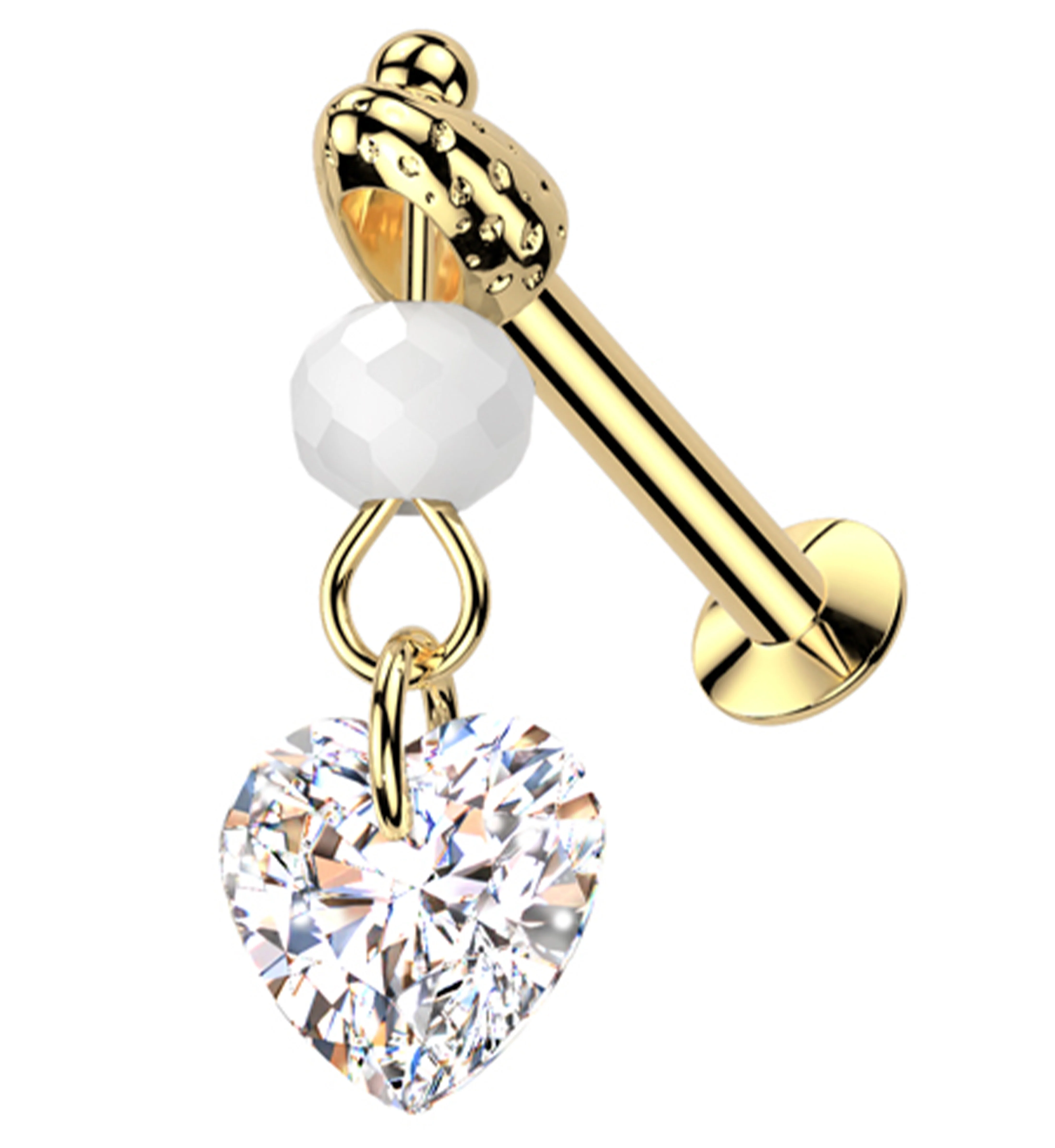 Gold PVD Faceted Bead Heart CZ Dangle Stainless Steel Convex Disc Threadless Labret
