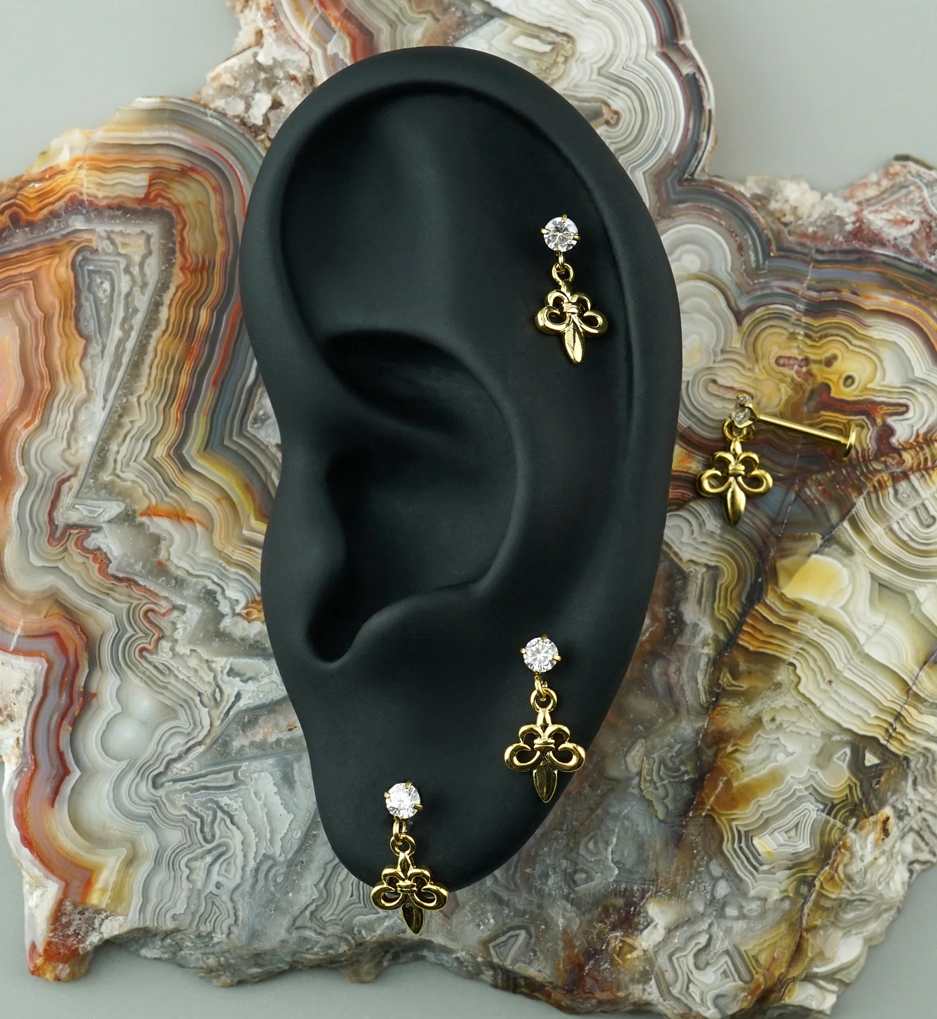 Gold PVD Fleur de Lis Dangle CZ Stainless Steel Threadless Labret - Image 2