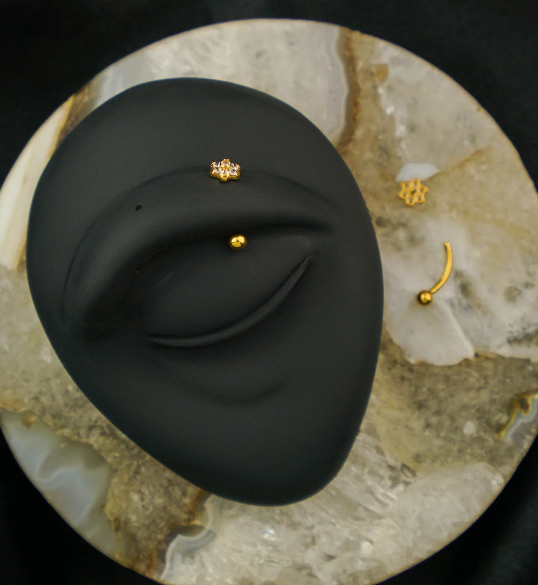 Gold PVD Flower Clear CZ Titanium Threadless Curved Barbell - Image 2